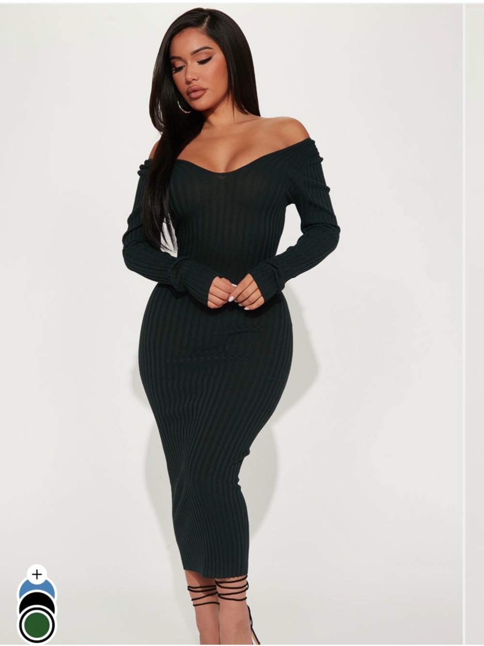 NWT! Fashion Nova Off-Shoulder Ribbed Midi Dress in Dark Green